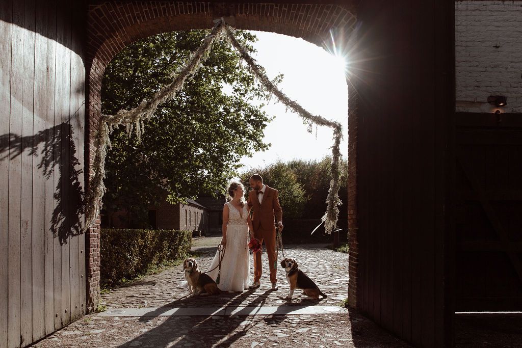 11. Real bride Mandy Gout en Vincent wandelen samen met hun honden onder een feestelijk versierde poort.